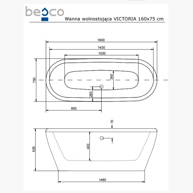 Ванночка отдельно стоящая VICTORIA 160X75 БЕСКО польский производитель - изображение 4