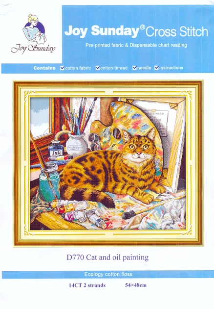 Набор для вышивания по нанесённой на канву схеме"Cat and oil painting".AIDA 14CT printed,54*48см - изображение 2