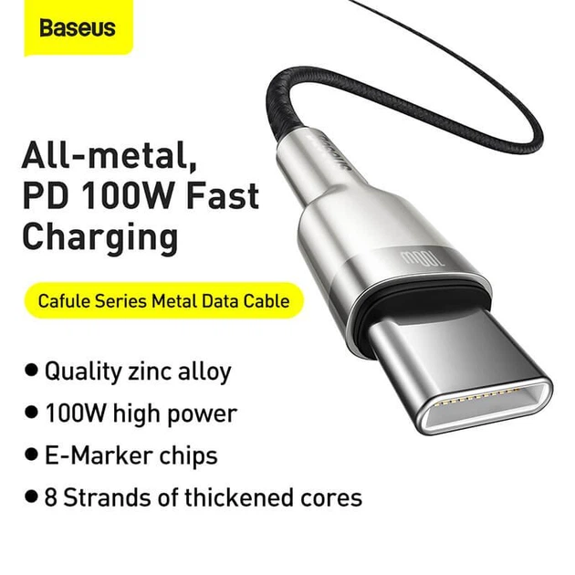 Кабель для быстрой зарядки BASEUS Type-C to Type-C Cafule Series Metal Data Cable |2m, 5A, 100W, PD| black (CATJK-D01) - изображение 3