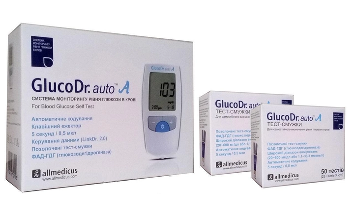 Набор! Глюкометр Глюко Доктор (GlucoDr. auto All Medicus AGM 4000) + Тест-полоски GlucoDr., 100 шт. - изображение 1