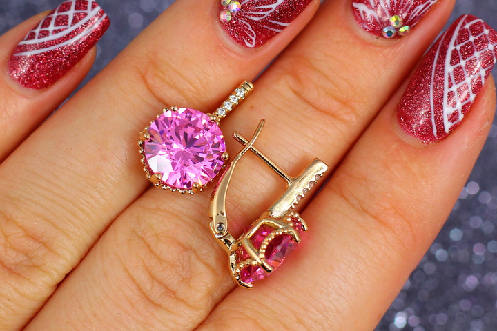 Сережки Xuping Jewelry з великим рожевим каменем шестигранна оправа 2 ...