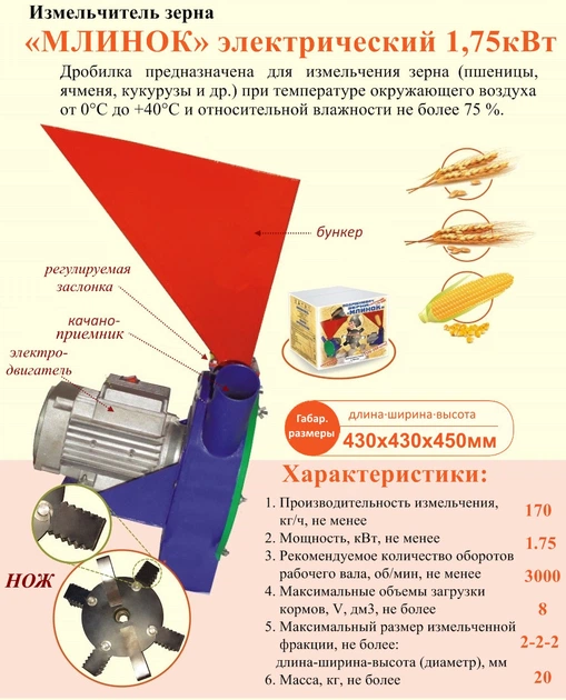 Зернодробилка Млинок электрическая (1.75 кВт, 170 кг/час) - изображение 2