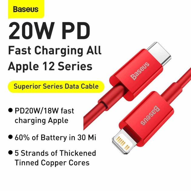 USB кабель для iPhone Type С на Lightning BASEUS Superior Series Fast Charging Data Cable (2m, 20W). Red - изображение 5