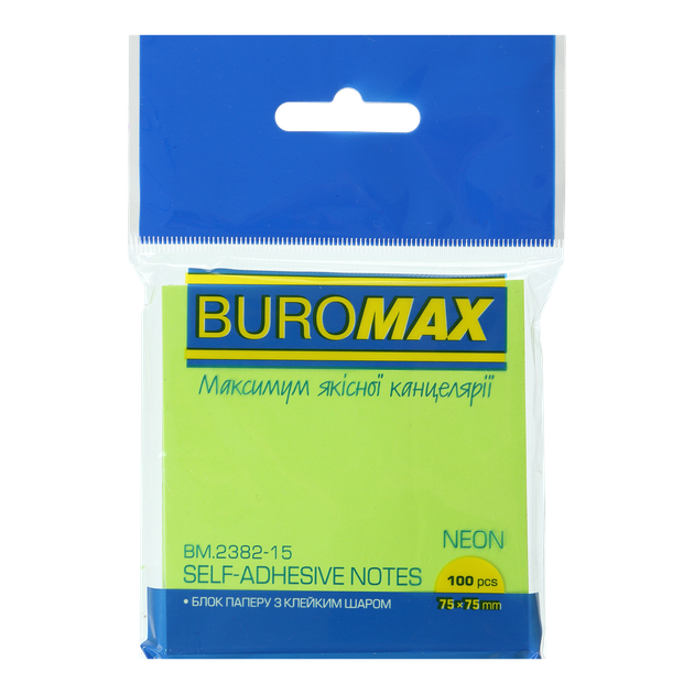 Блок паперу для нотаток із клейким шаром Buromax Neon 75x75мм 100 аркушів салатовий (BM.2382-15) - Фото 1 Блок паперу для нотаток із клейким шаром Buromax Neon 75x75мм 100 аркушів салатовий (BM.2382-15) - зображення 1