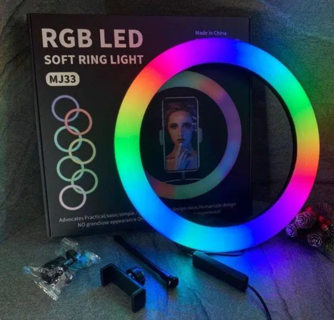 Кольцевая LED селфи лампа MJ33 RGB цветная - изображение 2