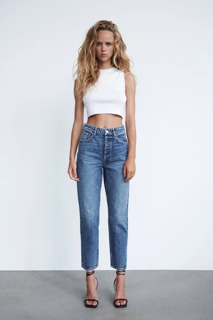 Джинсы укороченные прямого кроя Zara 38 синий 4365/237/401