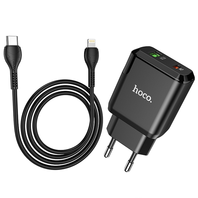 Зарядний пристрій для телефону з швидкою зарядкою + кабель Lightning HOCO N5 |USB/Type-C, 20W/3A, QC3/PD| Чорний - зображення 3