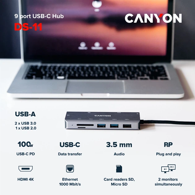 USB-хаб Canyon 9 port USB-C Hub DS-11 Grey (CNS-TDS11) - зображення 2