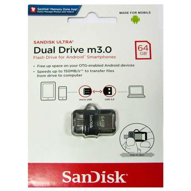 USB Флешка 2в1 64GB Micro-USB/USB 3.0 для телефона, компьютера SanDisk Ultra Dual OTG (150 МБ/с) Серый - Фото 4 USB Флешка 2в1 64GB Micro-USB/USB 3.0 для телефона, компьютера SanDisk Ultra Dual OTG (150 МБ/с) Серый - изображение 4