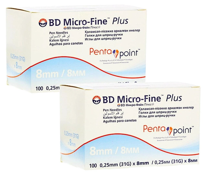 Иглы инсулиновые для шприц ручек MicroFine Becton Dickinson МикроФайн 8 мм (31G x 0,25 мм) №100 - 2 уп. (200 шт.) - изображение 1