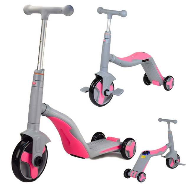 Детский трехколесный самокат-велобег-велосипед Best Scooter JT 90601 3 в 1 с музыкой и подсветкой, Серо-розовый 