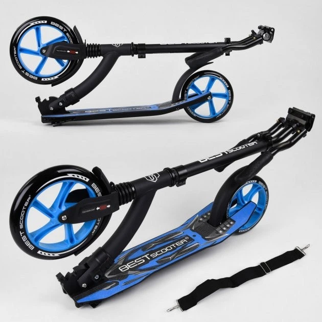 Самокат детский двухколесный Best Scooter от 5 лет широкий руль и амортизация черный с синим 54664 - изображение 6