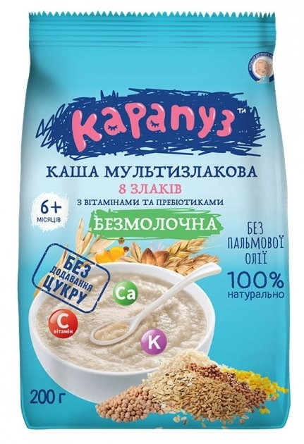 Упаковка безмолочної мультизлакової каші Карапуз 8 злаків з вітамінами та пребіотиками 200 г х 2 шт. - зображення 2