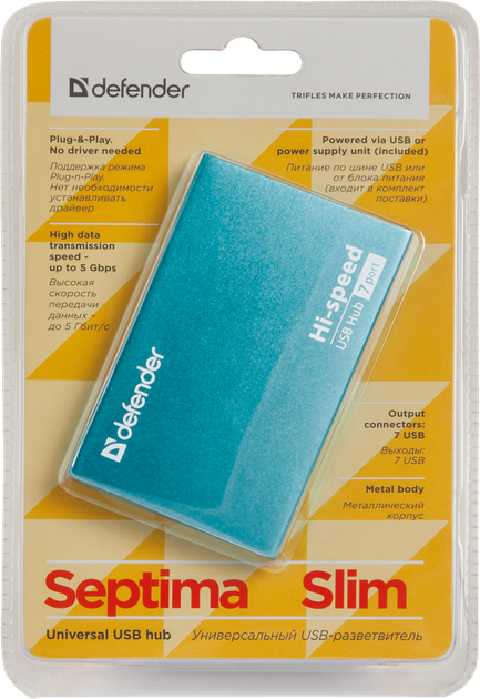 USB-хаб Defender Septima Slim+Adapterб 7xUSB 2.0 220V (83505) (6054147) - изображение 4