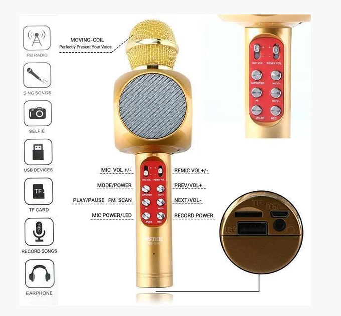 Мікрофон-колонка караоке bluetooth WS-1816 з підсвіткою Gold - зображення 3