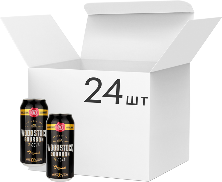 Упаковка слабоалкогольного напитка WOODSTOK Bourbon&Cola Original 8% 0.44 л х 24 шт (9414453905514) - изображение 1