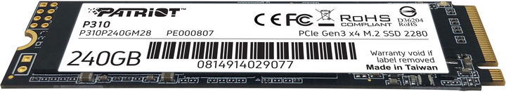 SSD диск Patriot P310 240GB M.2 2280 NVMe PCIe 3.0 x4 3D NAND TLC (P310P240GM28) - изображение 3