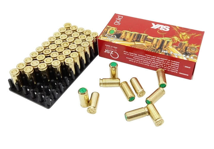 Холостые патроны 9мм /50шт/ YAS gold для стартового, сигнального, шумового, травматического газового пистолета - изображение 1