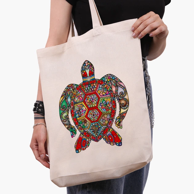 Эко сумка Морская черепаха (Sea turtle) (9227-3806-WTD) бежевая з широким дном - изображение 2