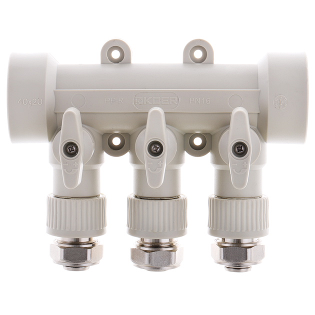 Коллектор распределительный 3-way с фитингом (40x20) PPR KOER K0191.PRO (KP2556) - Фото 2 Коллектор распределительный 3-way с фитингом (40x20) PPR KOER K0191.PRO (KP2556) - изображение 2