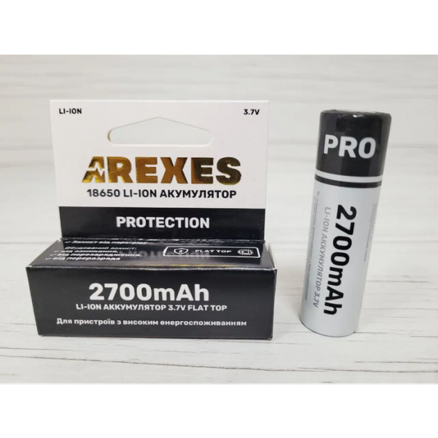 Литий-ионный аккумулятор Arexes 18650 Li-Ion 2700 mAh, 3.7V для приборов с высоким энергопотреблением защита Чёрный - Фото 1 Литий-ионный аккумулятор Arexes 18650 Li-Ion 2700 mAh, 3.7V для приборов с высоким энергопотреблением защита Чёрный - изображение 1