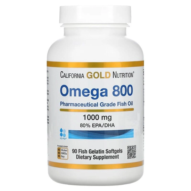 Омега 800, рыбий жир фармацевтической степени чистоты, 80% ЭПК/ДГК, 1000 мг, California Gold Nutrition, 90 капсул - изображение 1