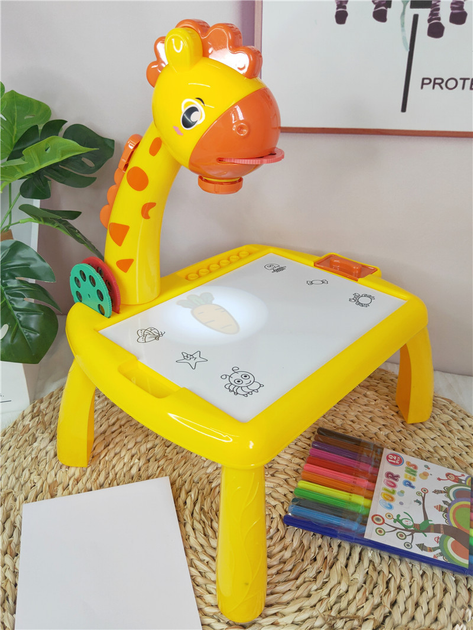 Детский мольберт для рисования с проектором ART Set Projector painting Игровой столик в виде жирафа, 3 проекционных диска, световые и звуковые эффекты Желтый - изображение 4