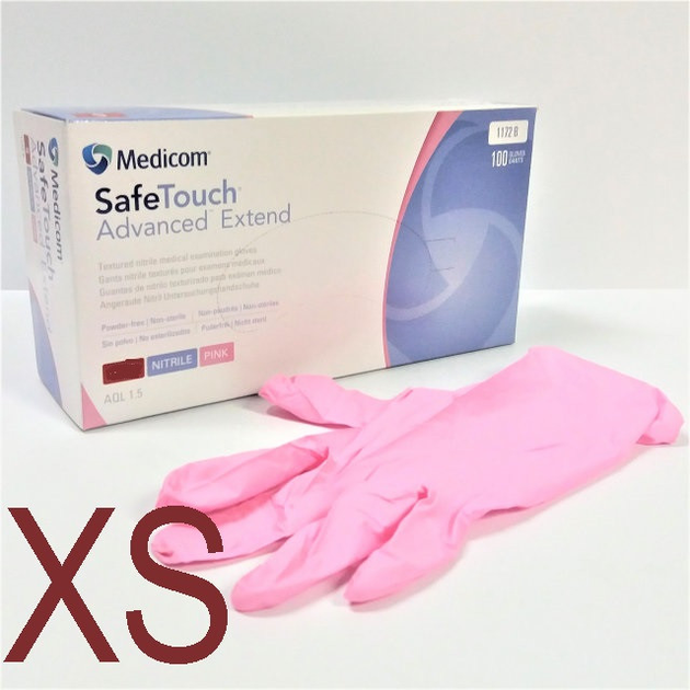 Перчатки нитриловые неопудренные розовые, размер XS (100 шт/уп) Medicom EXTEND 3.2г. - изображение 1