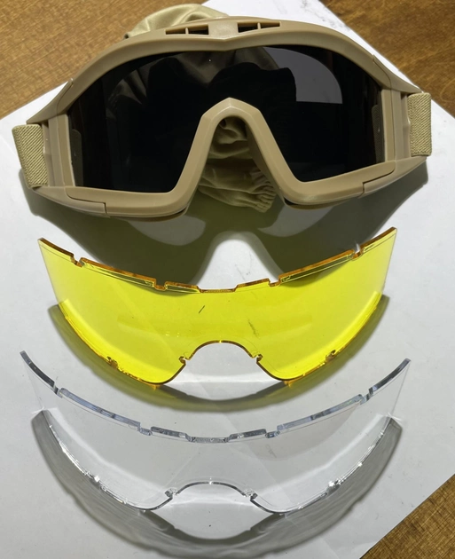 Тактические очки маска с сменными фильтрами (3шт) панорамные вентилируемые цвет песок (кайот) - изображение 2