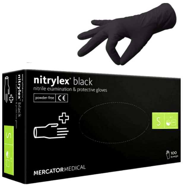 Перчатки нитриловые Mercator Medical nitrylex (100 шт), размер S, чёрные - изображение 1