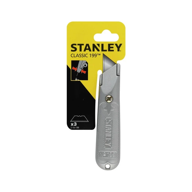 Ніж Stanley "199", трапецієподібне лезо 19х62мм, 140мм, з цинкового сплаву, зберігання лез у рукоятці, 3 леза в комплекті - изображение 4