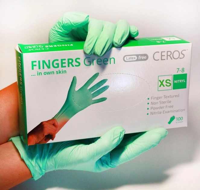 Перчатки нитриловые Ceros размер XS зеленые 100 шт (00259) - изображение 1