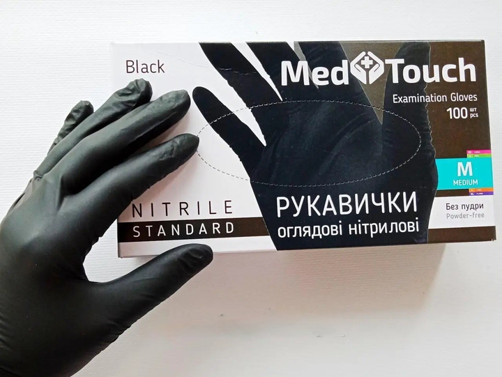 Перчатки нитриловые MedTouch размер М черные 100 шт (00136) - изображение 1