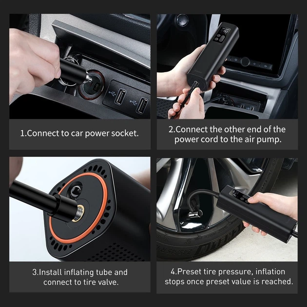 Портативний компресор для автомобіля насос Baseus Super Mini Inflator Pump 30L/Min, 12V, 150psi, 3m cable| Black - зображення 13