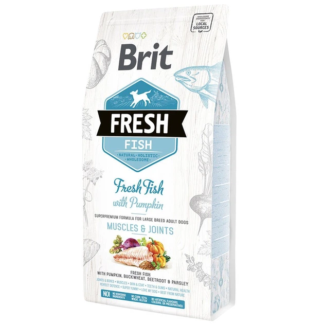 Сухой корм для взрослых собак крупных пород Brit Fresh Muscle & Joints с рыбой и тыквой 2.5 кг (8595602530786) - Фото 1 Сухой корм для взрослых собак крупных пород Brit Fresh Muscle & Joints с рыбой и тыквой 2.5 кг (8595602530786) - изображение 1