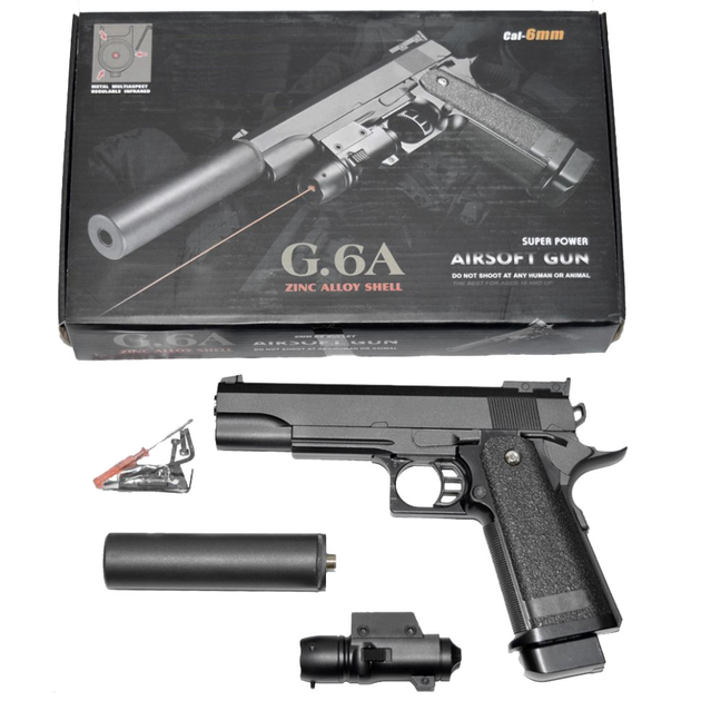 Пистолет страйкбольный Galaxy Colt M1911 Hi-Capa с прицелом и глушителем - изображение 1