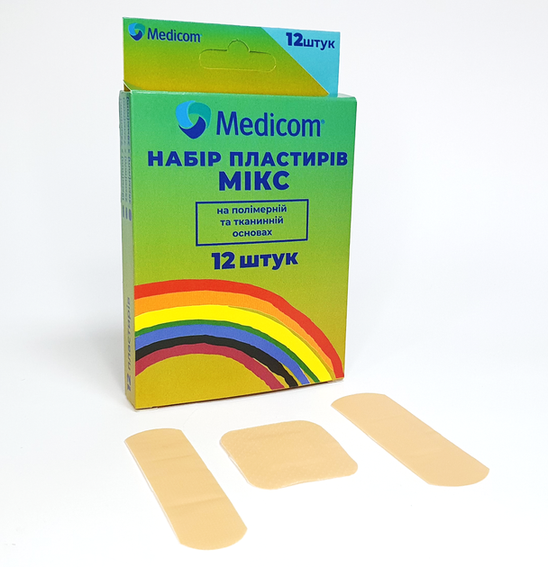 Набір медичних пластирів MEDICOM® Mікс, 12 пластирів на полімерній та тканинній основі - зображення 1
