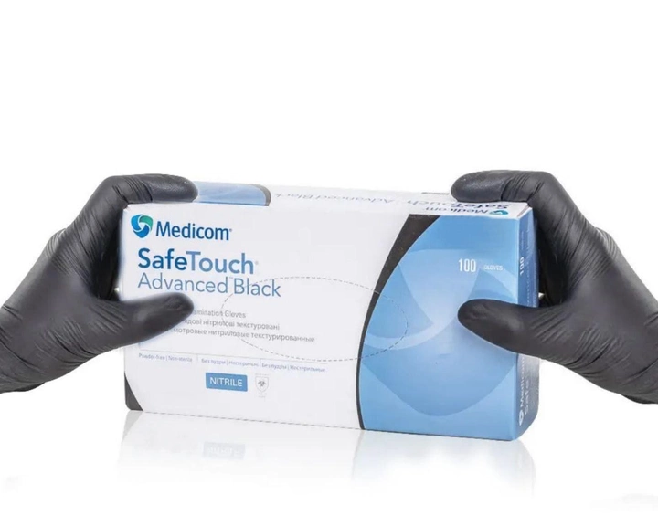 Нітрилові рукавички Medicom SafeTouch® Black (5 г) без пудри текстуровані розмір XS 100 шт. Чорні - зображення 1