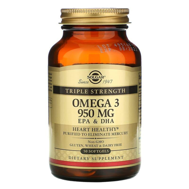 Омега-3, ЭПК и ДГК, тройной концентрации, 950 мг, Solgar, 50 капсул - изображение 1