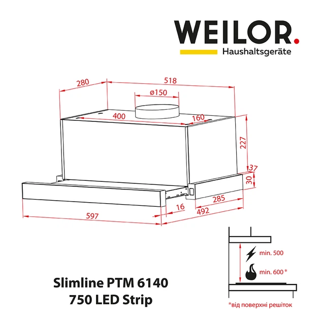 Вытяжка телескопическая WEILOR Slimline PTM 6140 SS 750 LED Strip - изображение 10