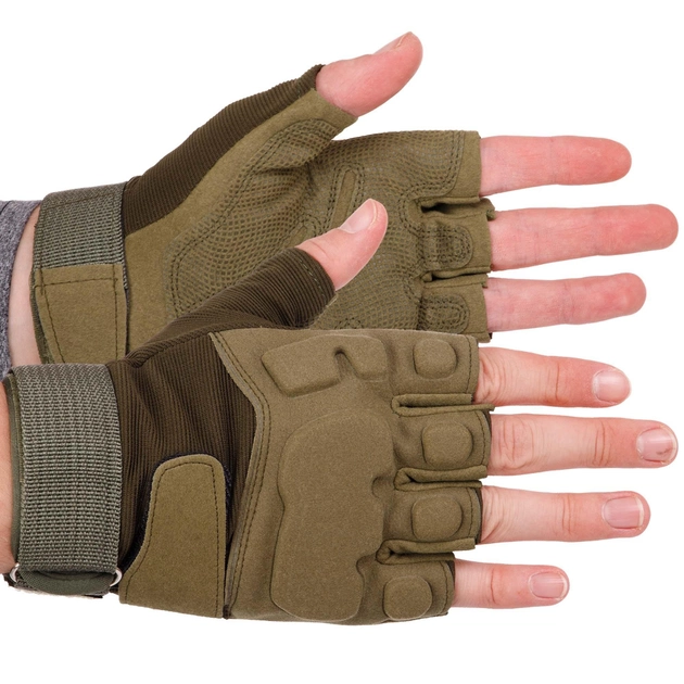 Плотные тактические перчатки армейские с открытыми пальцами на липучке для рыбалки охоты PRO TACTICAL оливковые АН8811 размер L - изображение 1