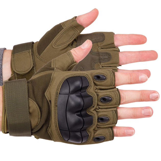 Защитные тактические военные перчатки без пальцев с защитными костяшками для охоты PRO TACTICAL оливковые АН8805 размер М - изображение 1