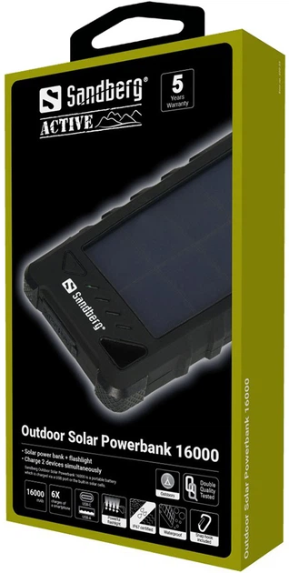 Powerbank solarny Outdoor Sandberg 16000 mAh Black (5705730420351) - obraz 3