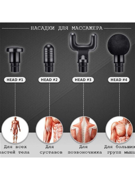 Ручной массажер вибромассажер аккумуляторный портативный мышечный 4 насадки (473324-Prob) Черный - изображение 2