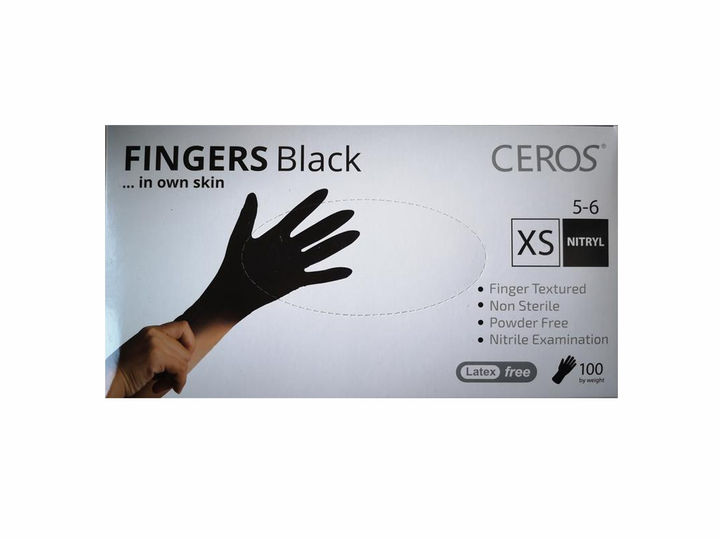 Перчатки нитриловые неопудренные CEROS- FINGERS XS Черные 100 шт - изображение 1