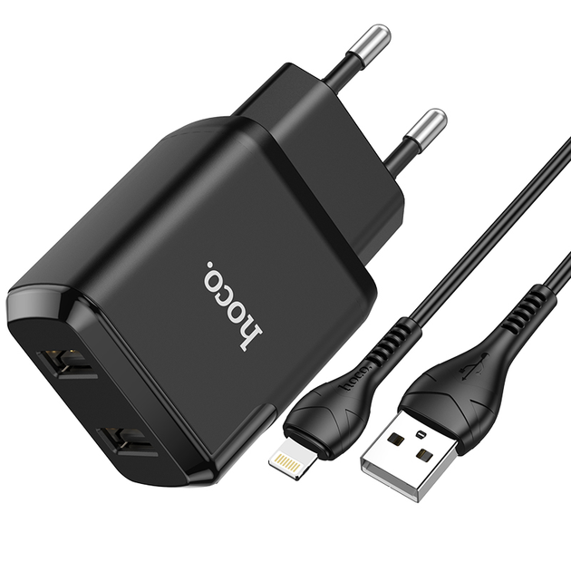 Сетевое зарядное устройство для телефона + кабель Lightning Apple HOCO N7 |2USB 2.1A| Черный - Фото 1 Сетевое зарядное устройство для телефона + кабель Lightning Apple HOCO N7 |2USB 2.1A| Черный - изображение 1