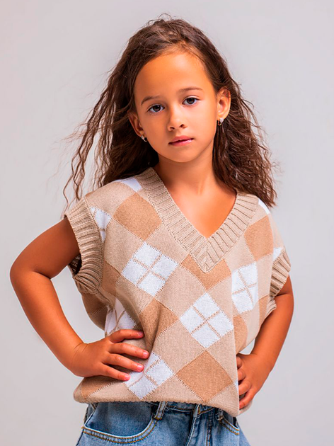 Подростковый вязаный жилет ARTKNIT Ромб 140-146 см Бежево-белый (4823093440944) 