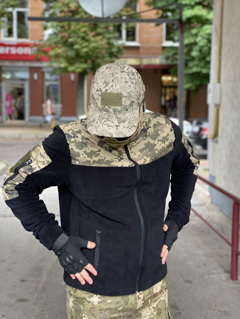 Кофта флисовая мужская военная тактическая с липучками под шевроны ВСУ (ЗСУ) Пиксель 8035 56 размер черная TR_1127 - изображение 2