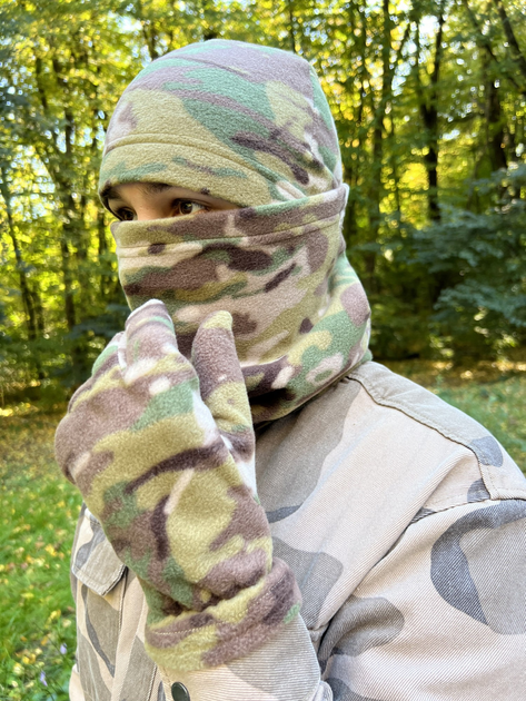Комплект флісова шапка + баф + рукавички (військовий, тактичний), колір Мультикам - зображення 1