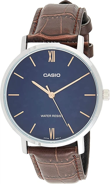 Стильные наручные часы Casio MTP-VT01L-2BUDF Синие с коричневым - Фото 1 Стильные наручные часы Casio MTP-VT01L-2BUDF Синие с коричневым - изображение 1